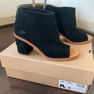 UGG Ginger Black Suede Peep Toe Ankle Boot Heels